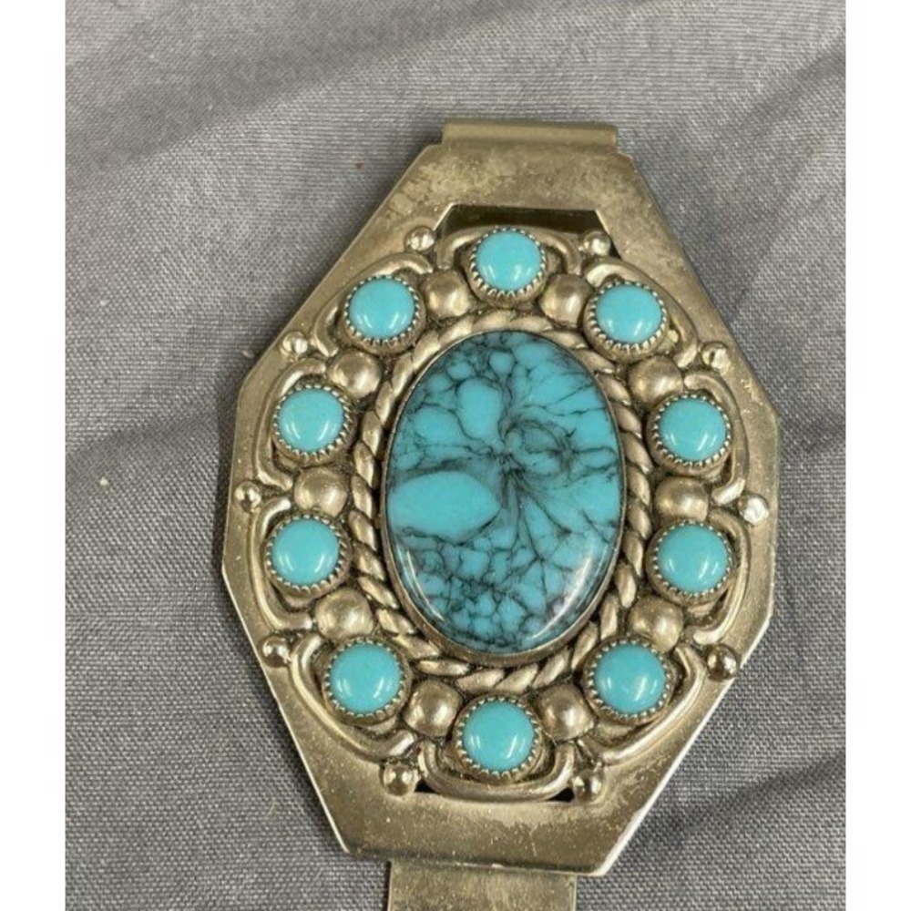 Vintage Bell Trading Post Nickel Silver Turquoise Money Clip Southwestern Boho